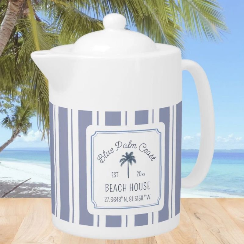 Beach House Blue Stripes Coastal Farmhouse Teapot