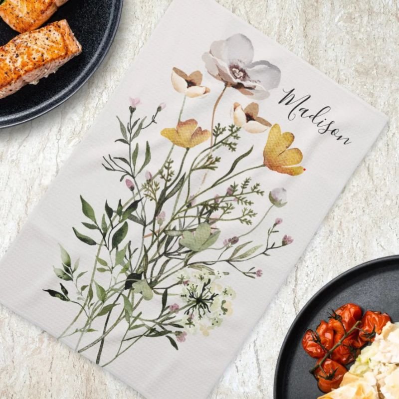 Monogram Dried Wildflower Bouquet Kitchen Towel