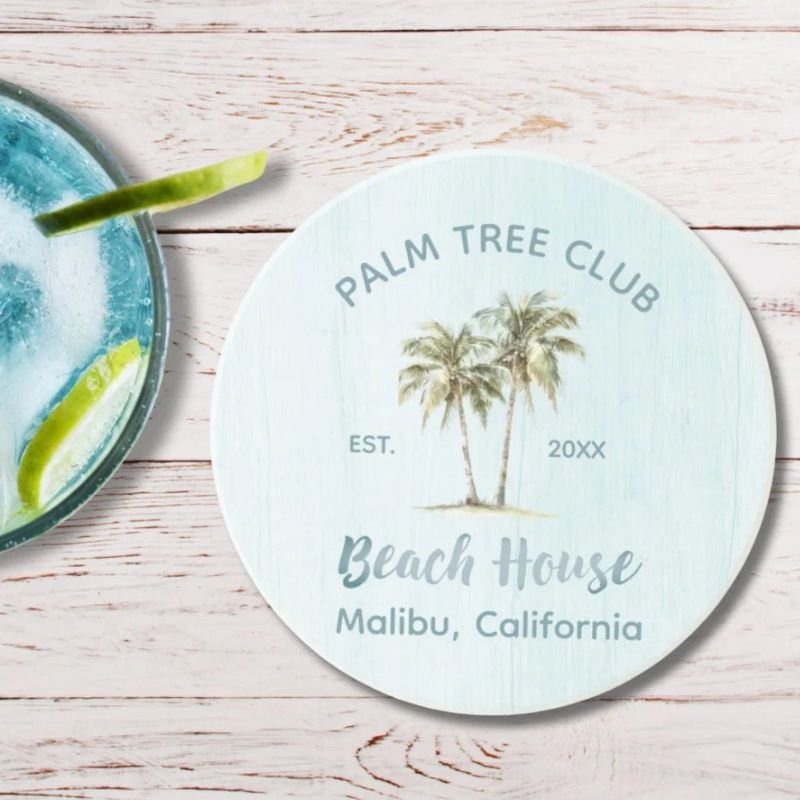 Light Blue Wood Palm Trees Modern Beach House Coaster