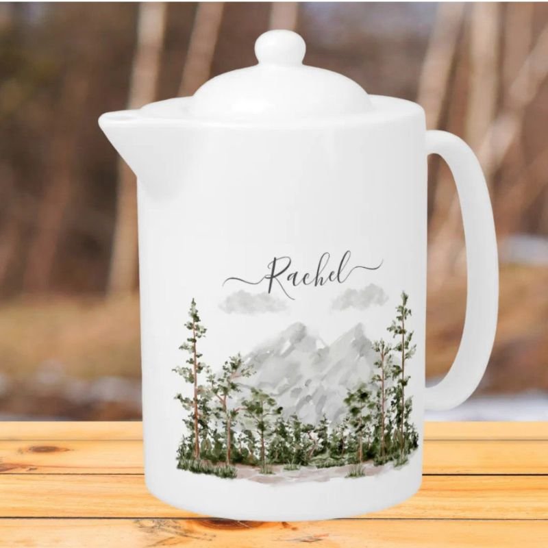 Monogrammed Watercolor Mountain and Forest Teapot