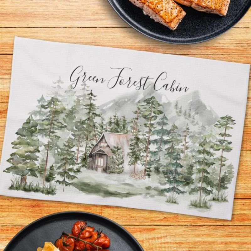Watercolor Cabin in The Green Pine Forest Woodland Kitchen Towel