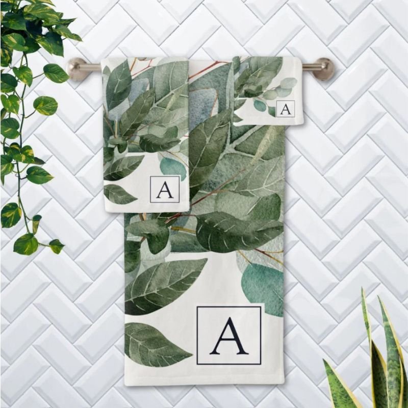Monogrammed Watercolor Rustic Sage Greenery Bath Towel Set