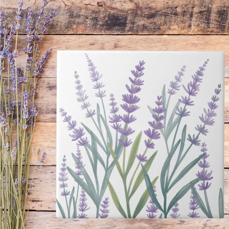 Watercolor Purple Lavender Floral Ceramic Tile