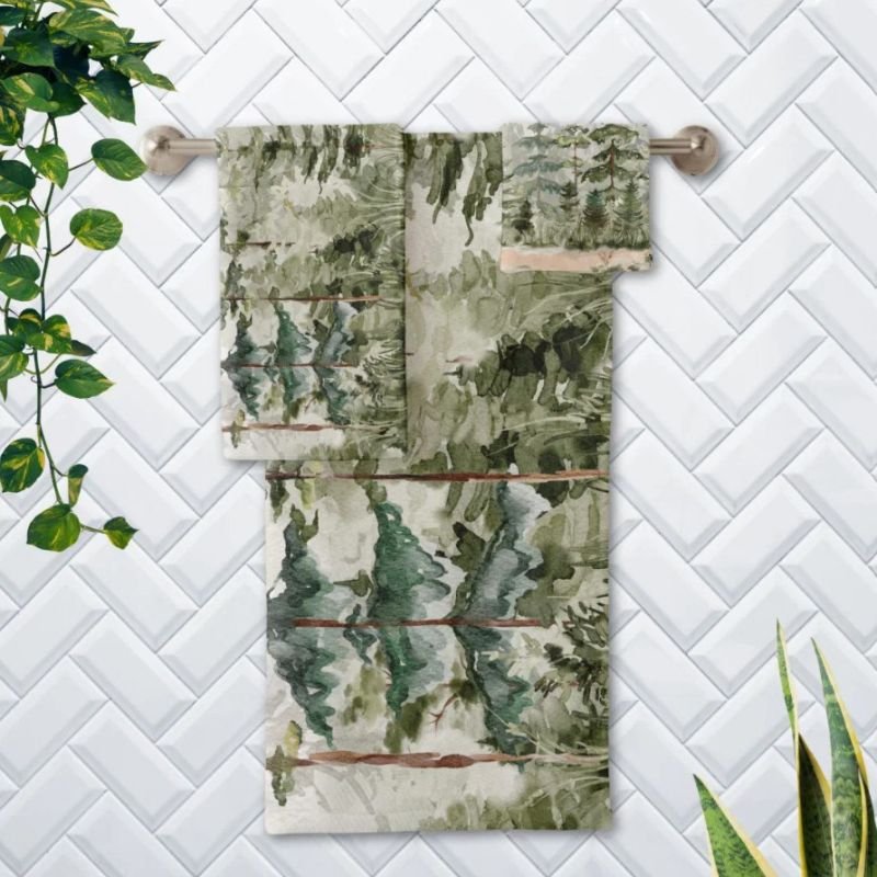 Monogram Watercolor Green Pine Forest on Mountain Bath Towel Set