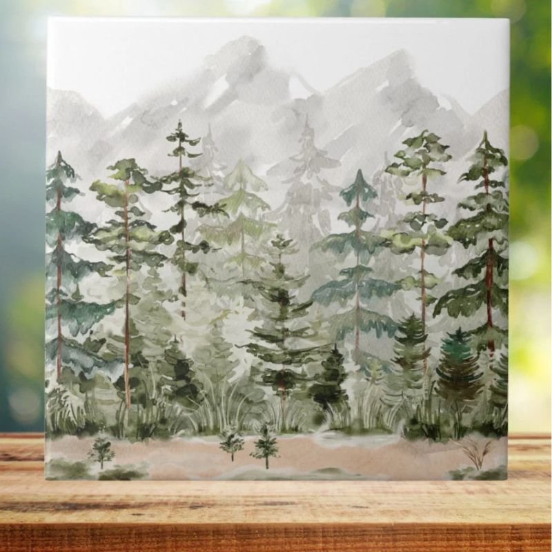 Watercolor Green Pine Forest on Mountain Ceramic Tile