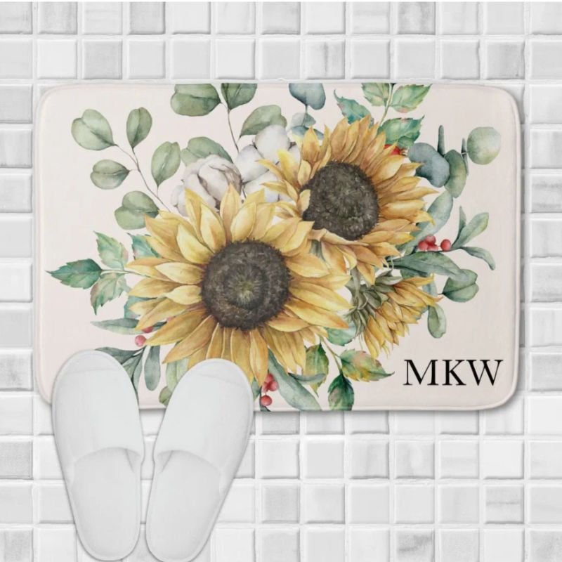 Monogrammed Watercolor Vintage Rustic Sunflower Bath Mat
