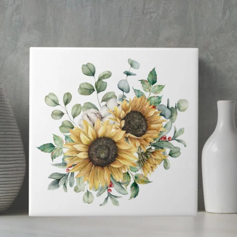 Watercolor Rustic Autumn Sunflower Bouquet Ceramic Tile