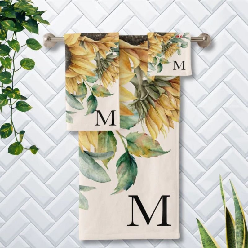 Monogrammed Watercolor Vintage Sunflower Bath Towel Set