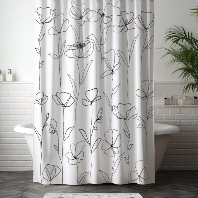 Poppy Wildflower Black and White Minimal Floral Shower Curtain