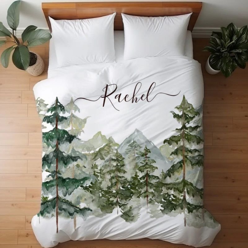 Monogram Rustic Watercolor Forest and mountain Duvet Cover