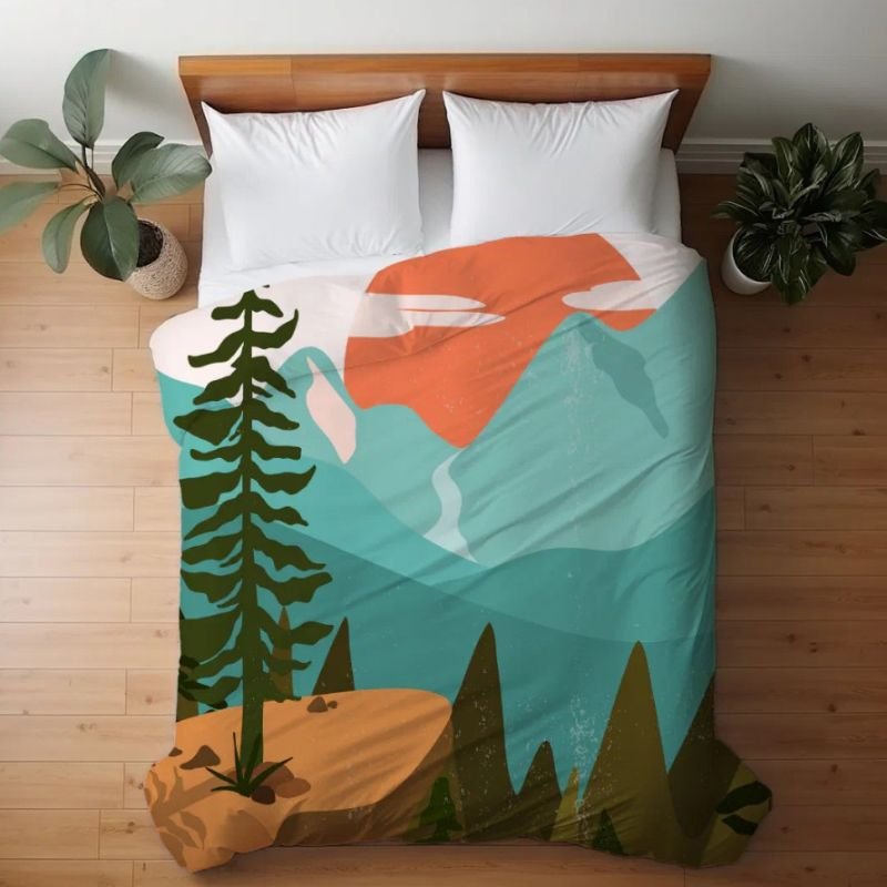 Modern Abstract Forest, Mountains, and Sunrise Duvet Cover