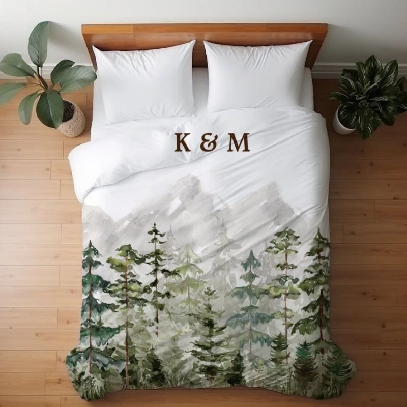 Monogram Watercolor Green Pine Forest on Mountain Duvet Cover