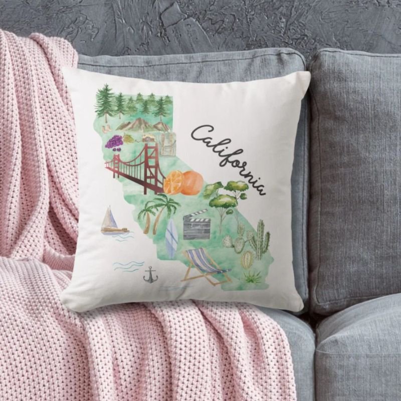 Watercolor California State Art Map Throw Pillow