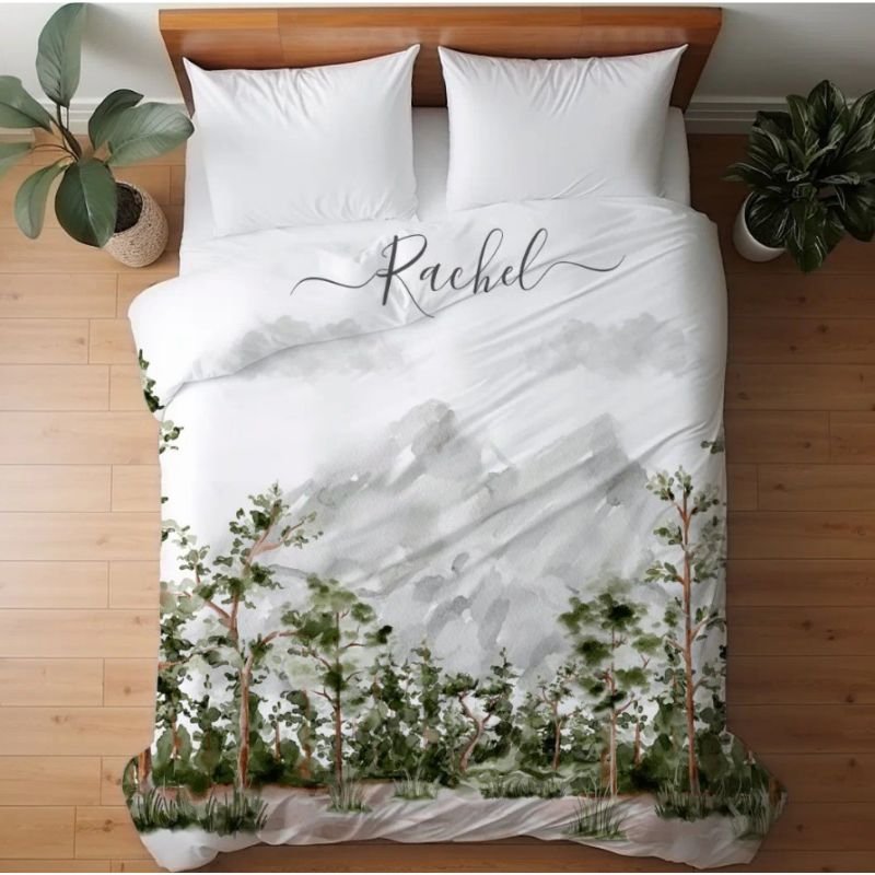 Monogrammed Watercolor Mountain and Forest Duvet Cover