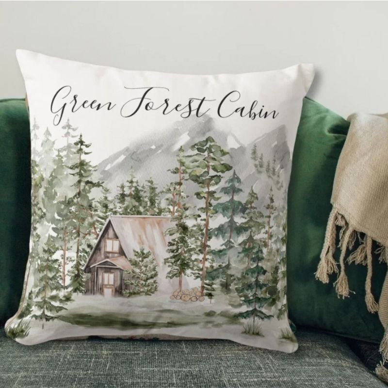 Watercolor Cabin in The Green Pine Forest Woodland Throw Pillow