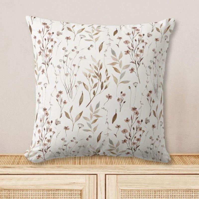 Rustic Boho Brown Pretty Flowers Leaves Pattern Throw Pillow