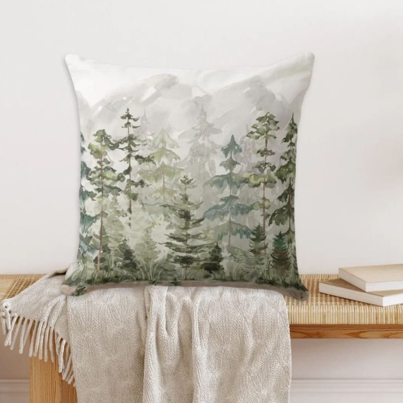 Watercolor Green Pine Forest on Mountain Outdoor Pillow