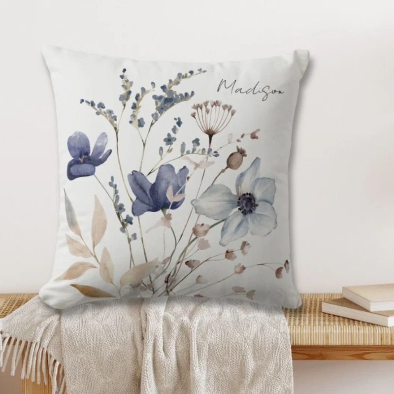 Monogrammed Elegant Chic Watercolor Blue Flower Throw Pillow