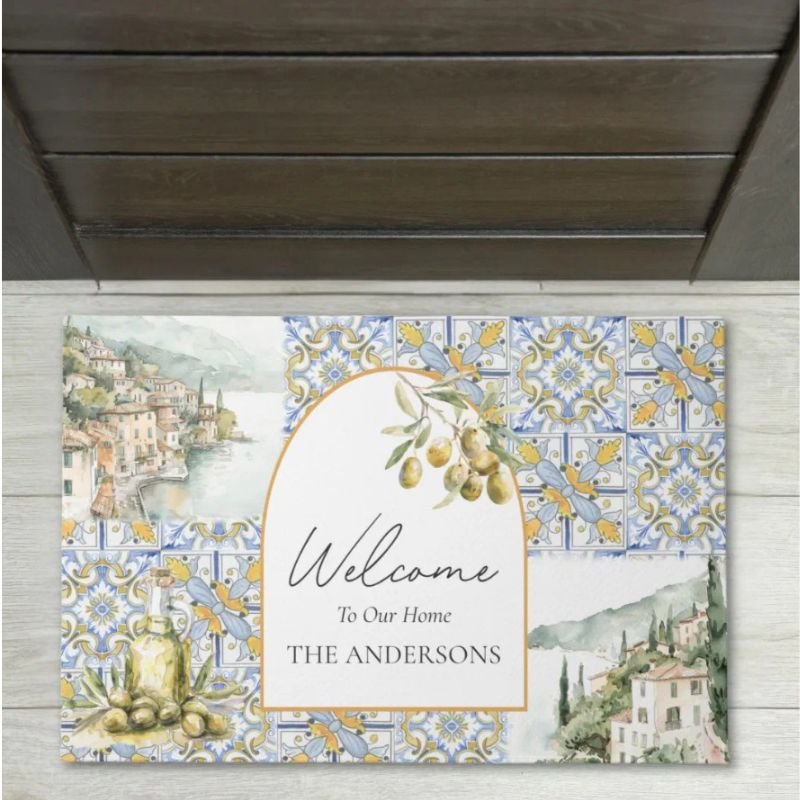 Olive Mediterranean Yellow Blue Tile Pattern Doormat