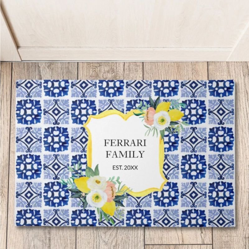 Lemon Citrus Navy Blue Italian Mediterranean Doormat
