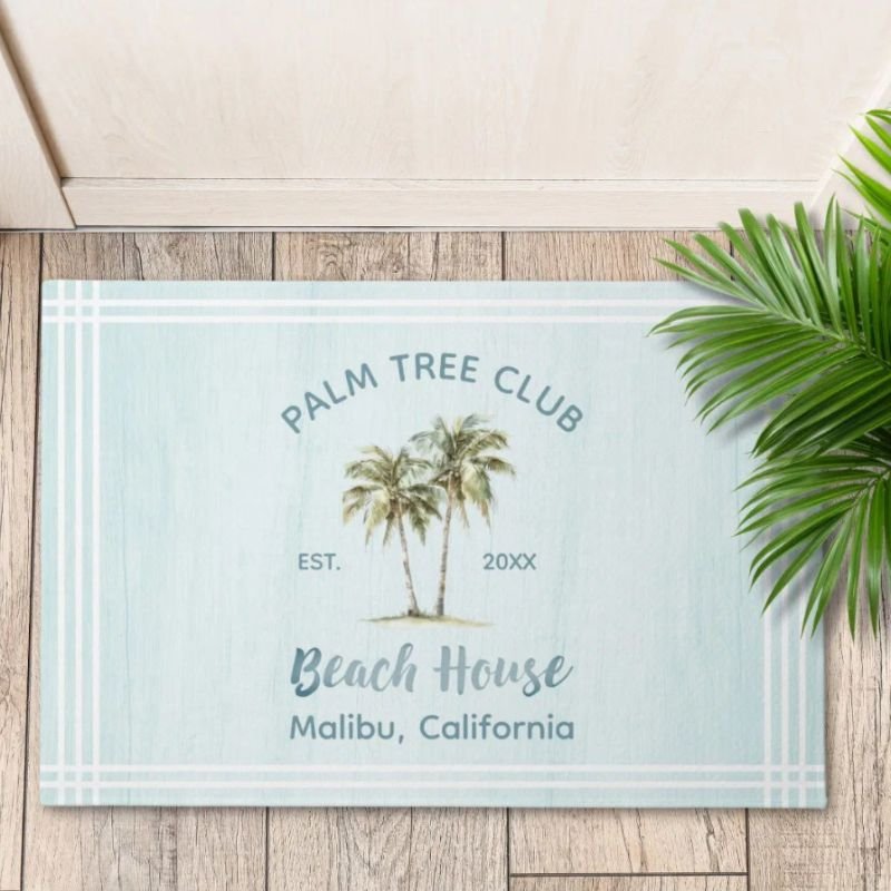 Light Blue Wood Palm Trees Modern Beach House Doormat
