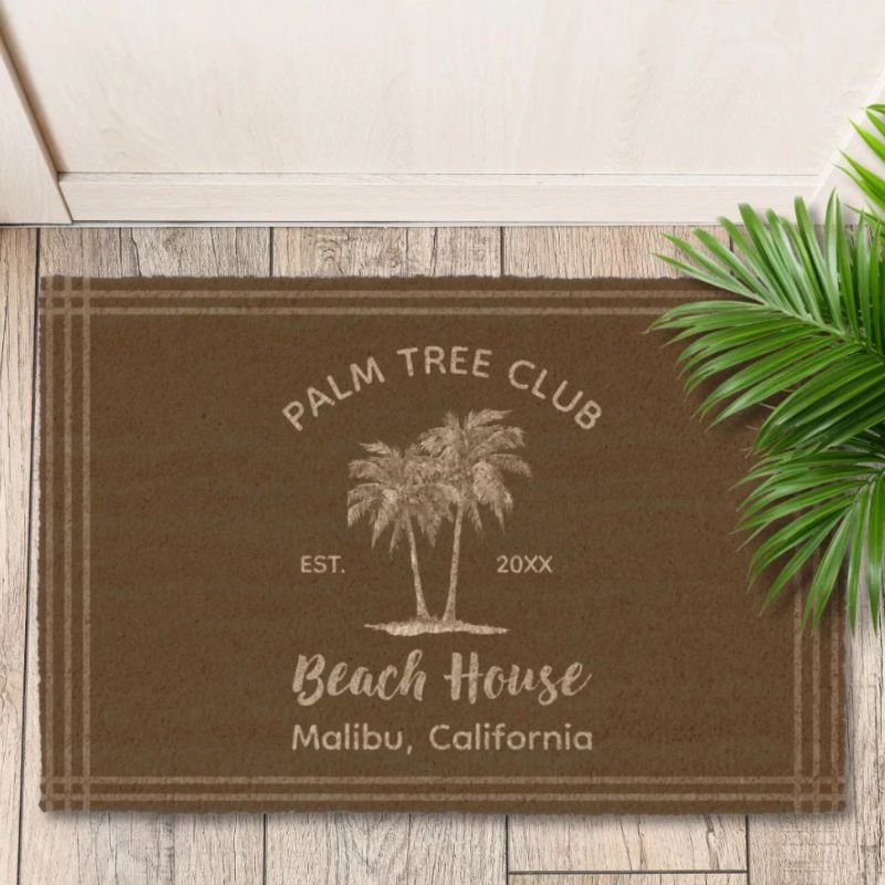 Light Blue Wood Palm Trees Modern Beach House Fiber Doormat