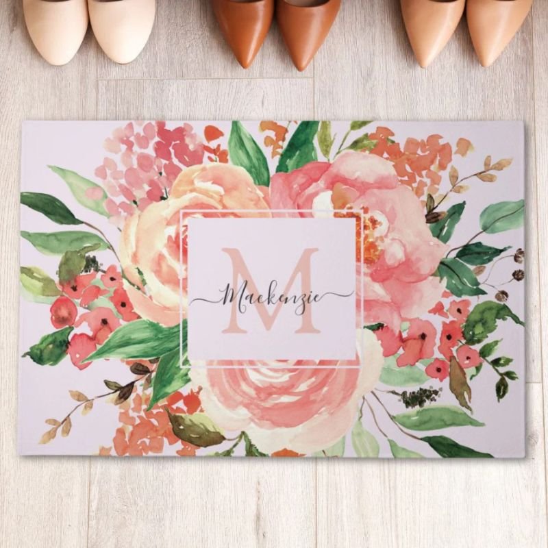 Modern Monogram Blush Pink Spring Flower Floral Doormat