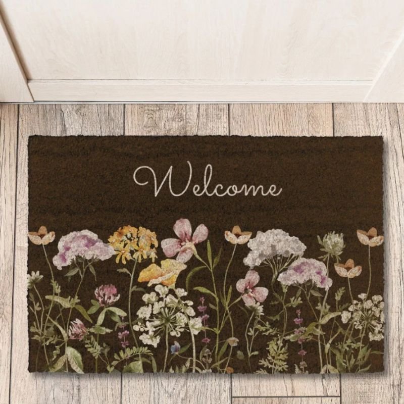Personalized Colorful Wildflower Garden on Black Fiber Doormat