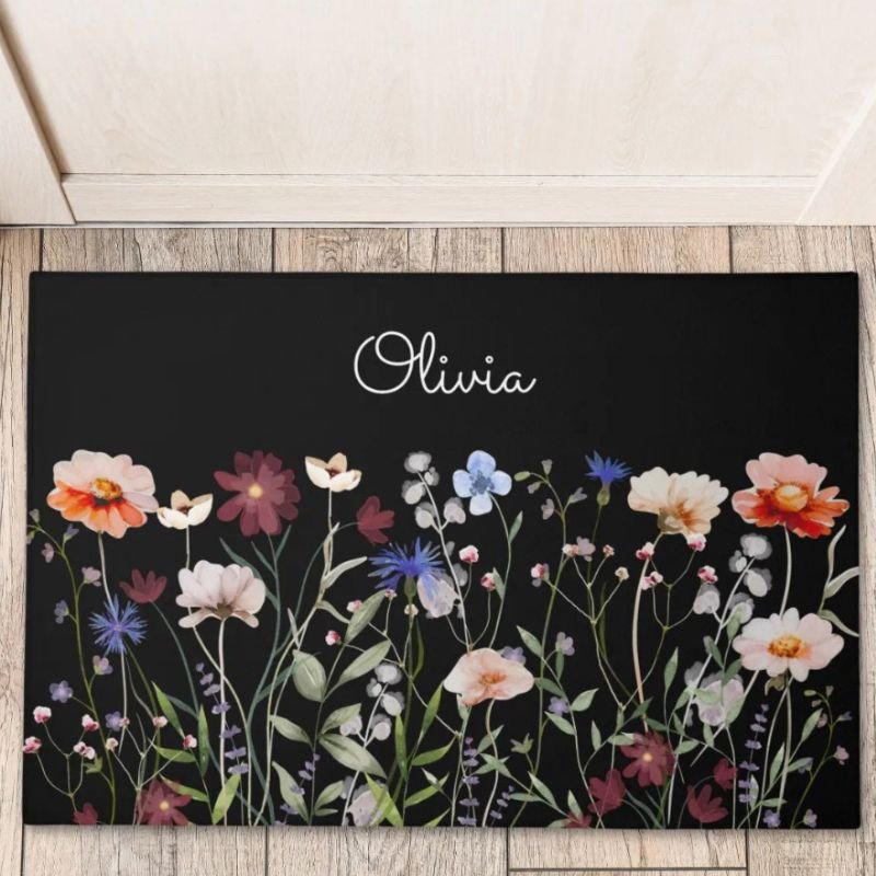 Monogrammed Watercolor Colorful Wildflower Meadow Doormat