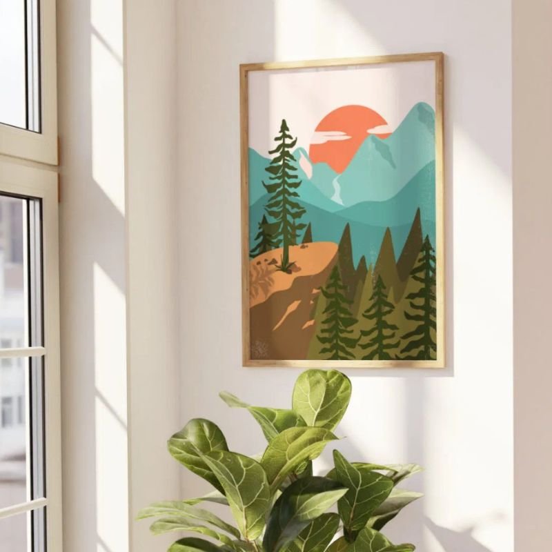 Modern Abstract Forest, Mountains, and Sunrise Poster