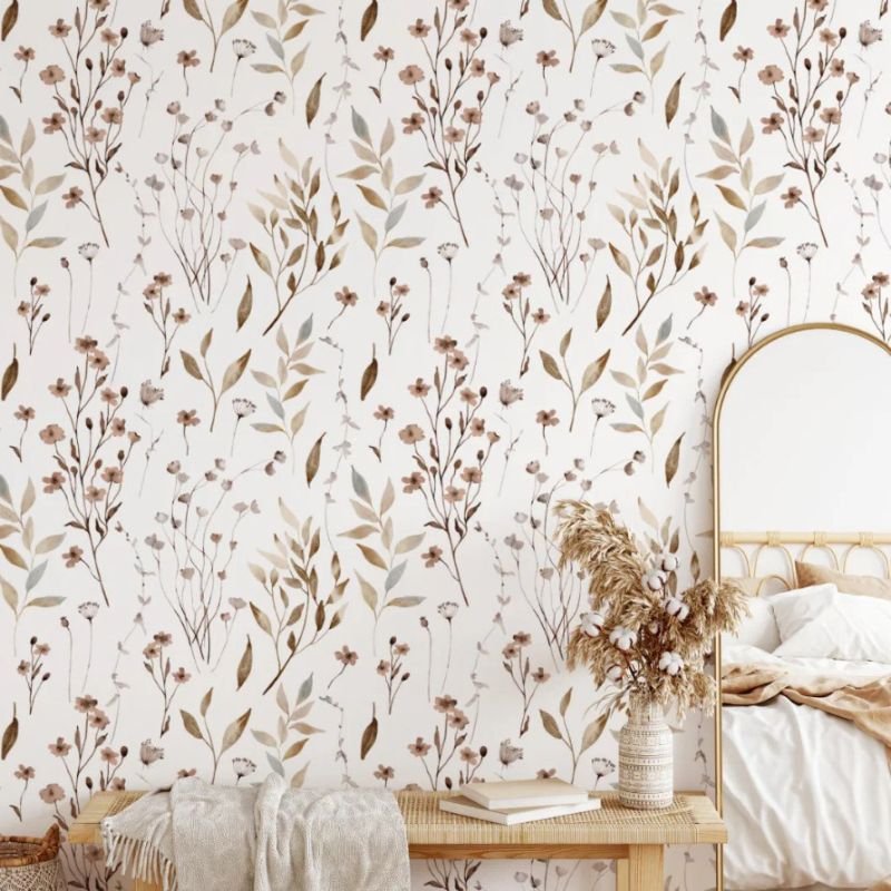 Delicate Elegant Brown Wildflowers Leaves Pattern Wallpaper