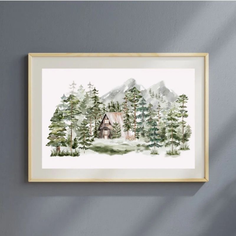 Watercolor Cabin in The Green Pine Forest Woodland Poster