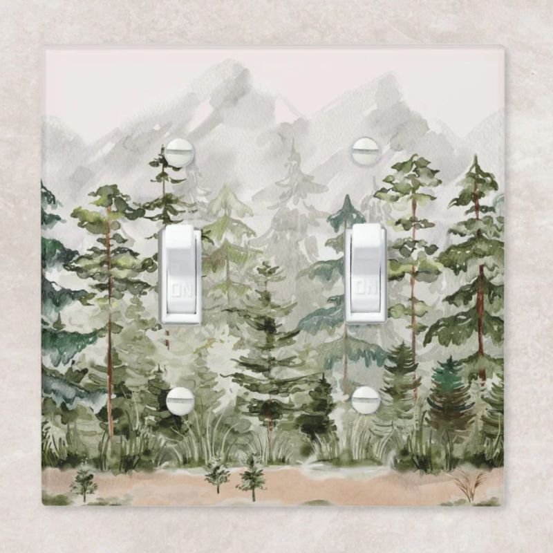 Watercolor Green Pine Forest on Mountain Light Switch Cover