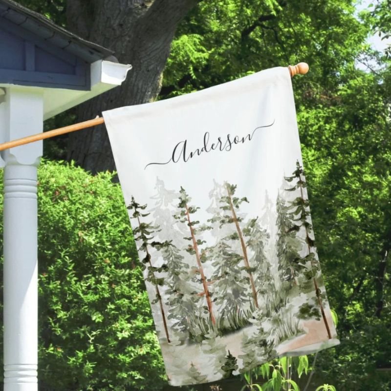 Watercolor Rustic Green Forest House Flag