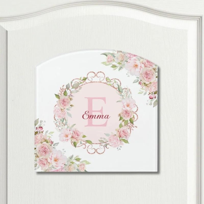 Monogram Watercolor Blush Pink Rose Flowers Floral Door Sign