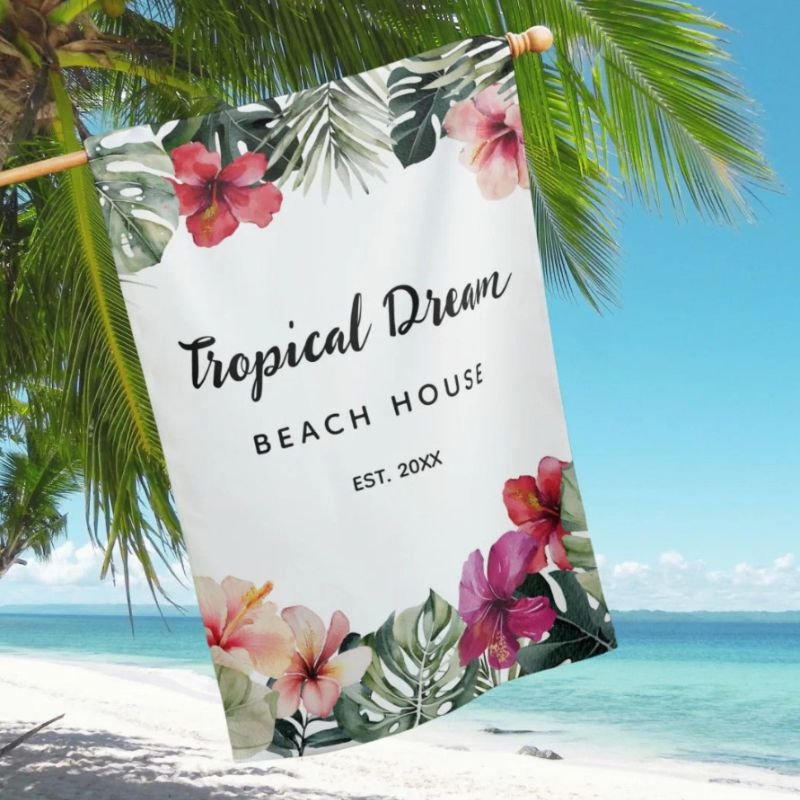 Watercolor Tropical Floral Botanical Summer Beach House Flag