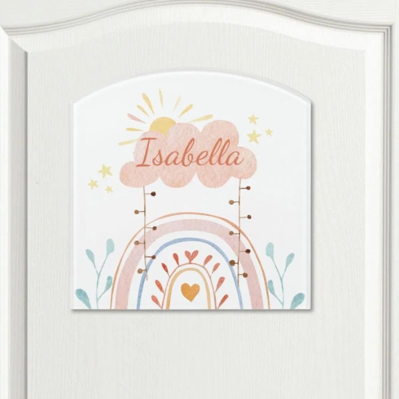 Monogrammed Watercolor Cute Rainbow Kids Door Sign