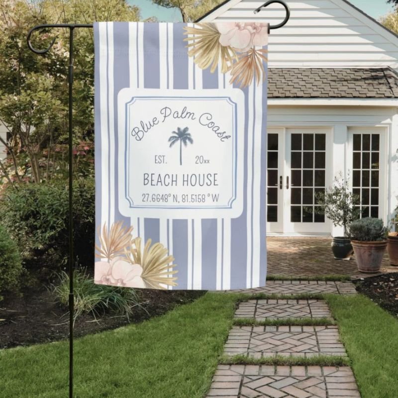 Beach House Blue Stripes Coastal Boho Farmhouse Garden Flag