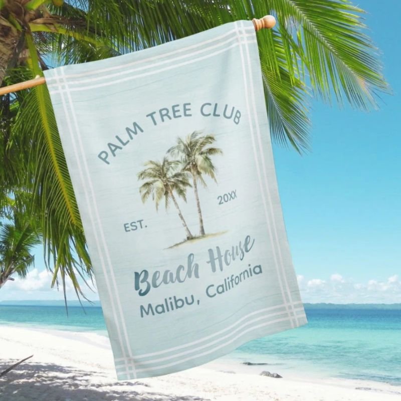 Light Blue Wood Palm Trees Modern Beach Cottage House Flag