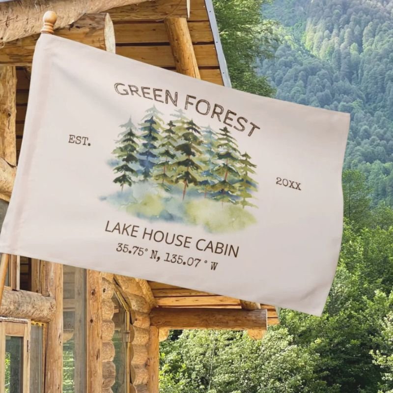 Vintage Foggy Green Forest Watercolor Cabin Lodge House Flag