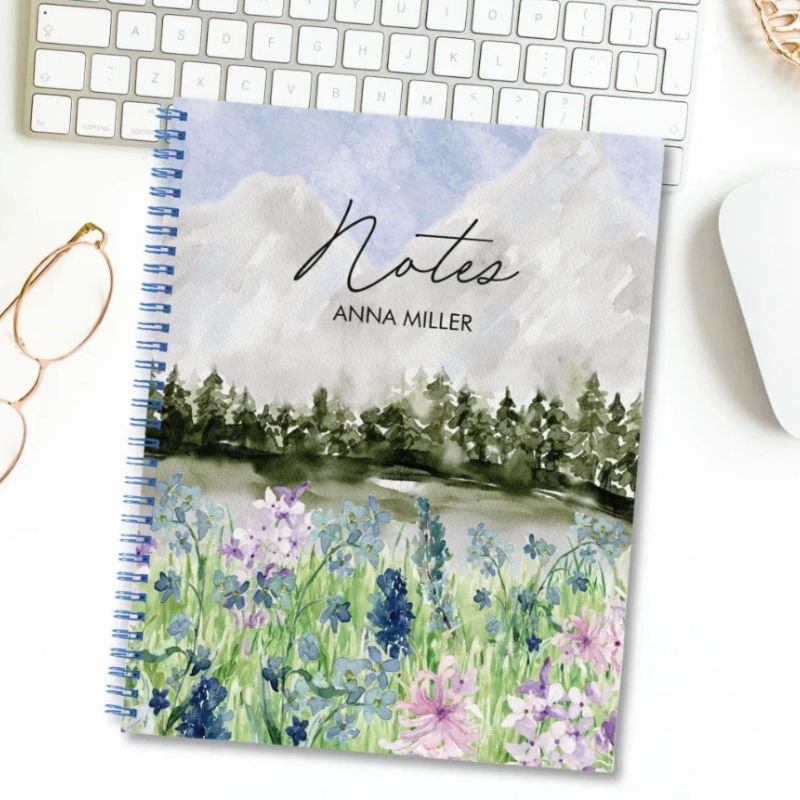 Watercolor Blue Purple Flower Meadow on Mountain Notebook