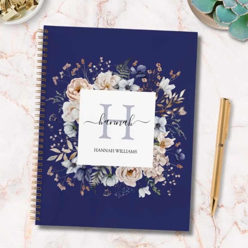 Elegant Monogram Pretty Beige Blue Flowers Floral Notebook