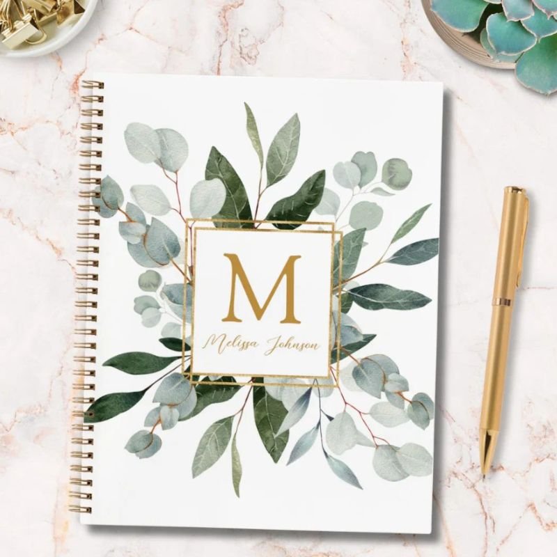 Monogram Watercolor Tropical Green Leaves Notebook