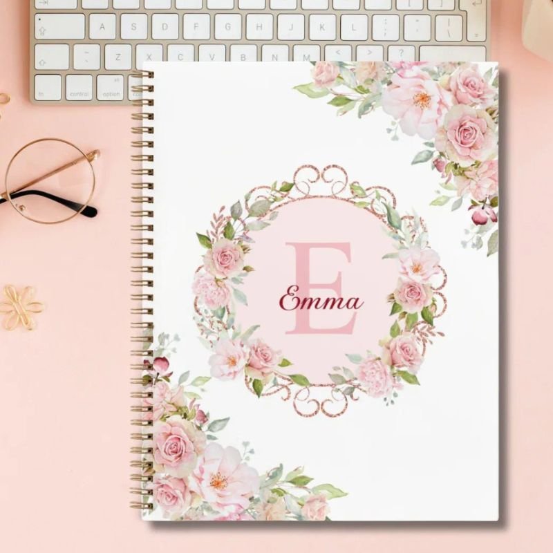Monogram Watercolor Pink Rose Flowers Sketchbook Notebook