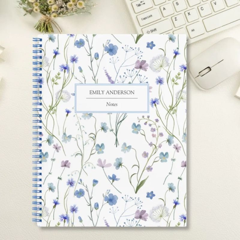Blue Purple Pretty Wildflower Floral Pattern Notebook
