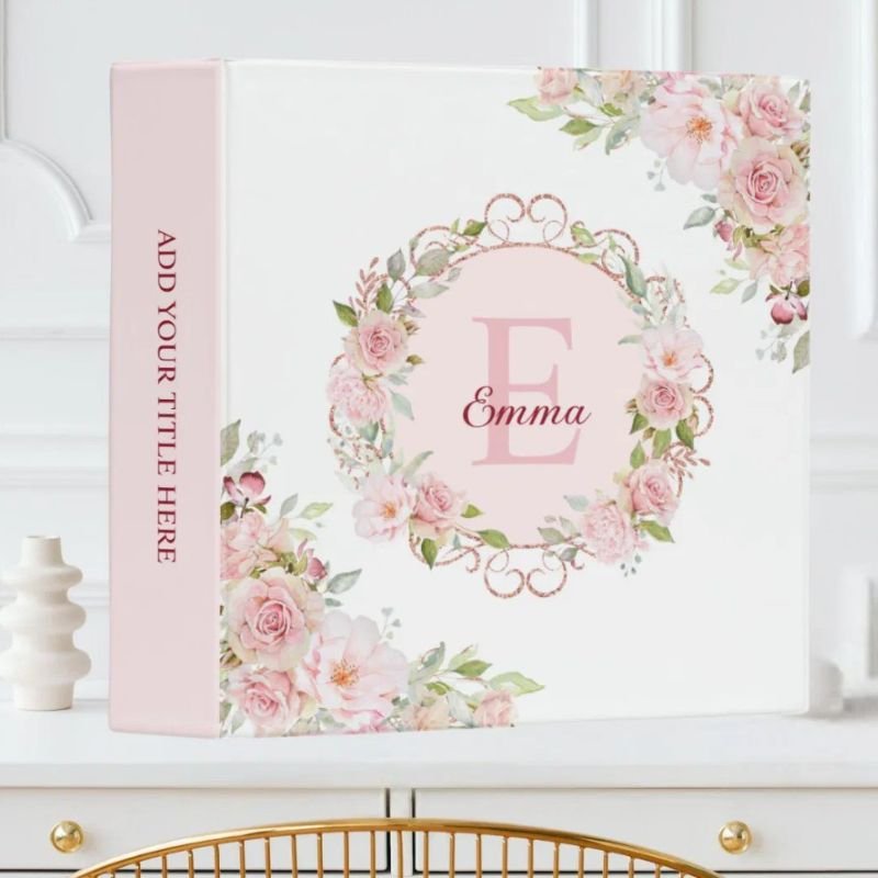 Monogram Watercolor Blush Pink Rose Flowers Floral 3 Ring Binder