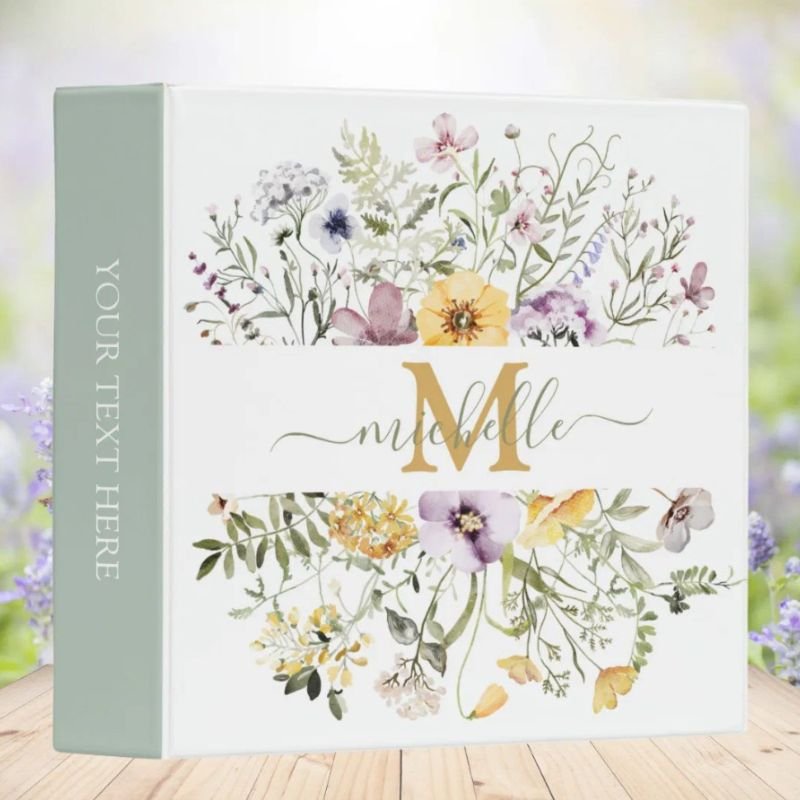 Elegant Monogram Colorful Wildflower Garden Floral 3 Ring Binder