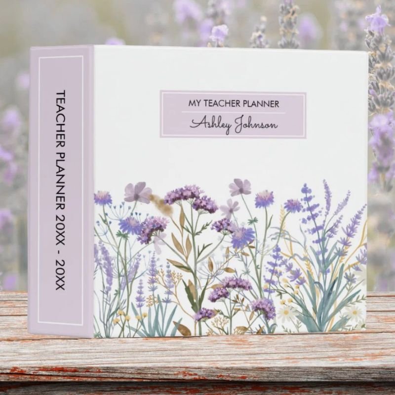 Personalized Watercolor Purple Wildflower Meadow 3 Ring Binder