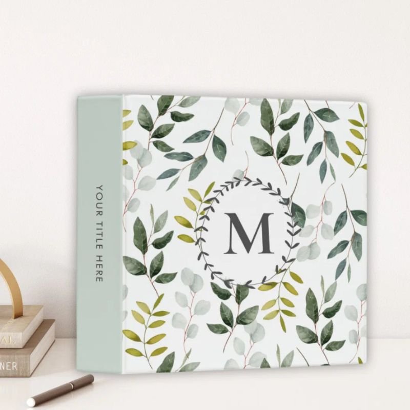 Monogrammed Green Leaves Watercolor Pattern 3 Ring Binder