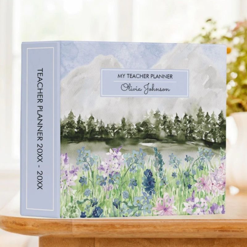 Watercolor Blue Purple Flower Meadow on Mountain 3 Ring Binder